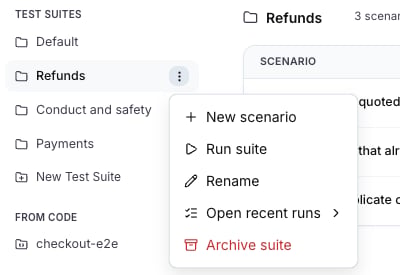 The test suite rail with the row menu of the Refunds test suite open