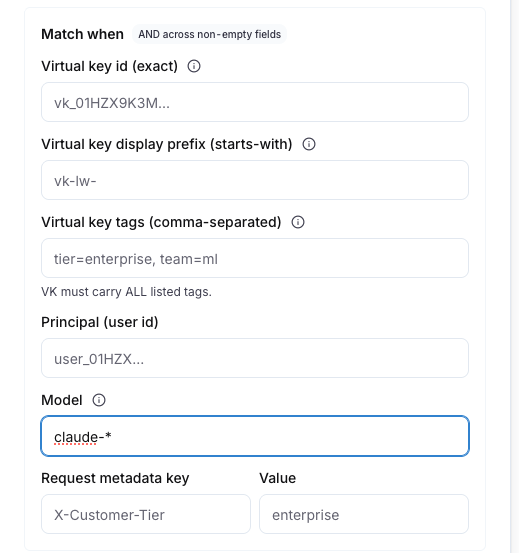 The Match when block of the New cache rule drawer with the virtual key id, display prefix, tags, principal, model and request metadata fields