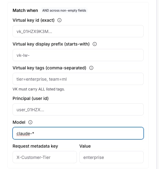 The Match when block of the New cache rule drawer with the virtual key id, display prefix, tags, principal, model and request metadata fields