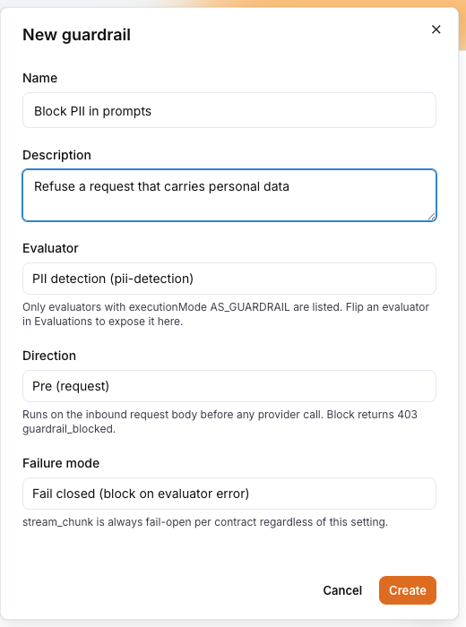 The New guardrail drawer with the name, evaluator, direction and failure mode fields