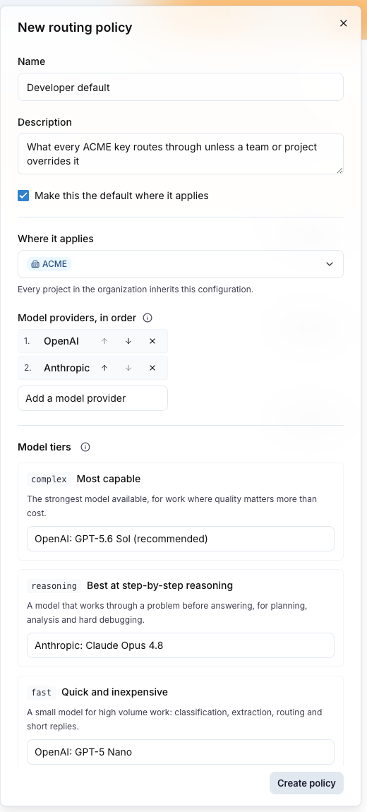 The New routing policy drawer with the name, scope, ordered providers and model tiers