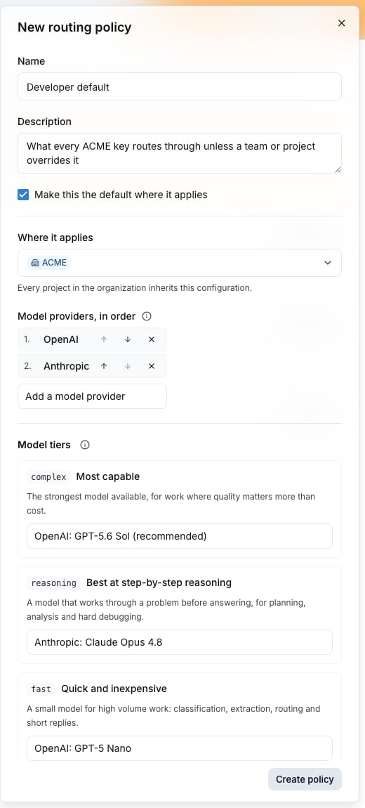 The New routing policy drawer with the scope, the ordered providers and the model tiers