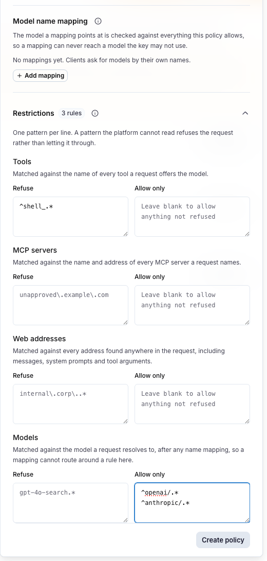 The Restrictions section of the routing policy drawer with Refuse and Allow only boxes for tools, MCP servers, web addresses and models