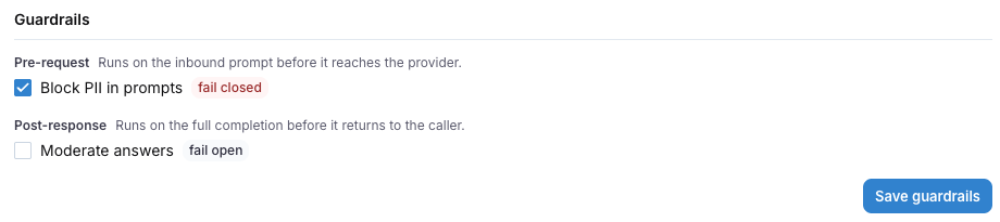 The Guardrails section of a virtual key detail page with Pre-request and Post-response groups and the Save guardrails button