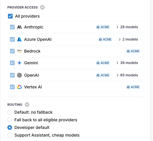 The Edit virtual key drawer showing Provider access and the Routing choices