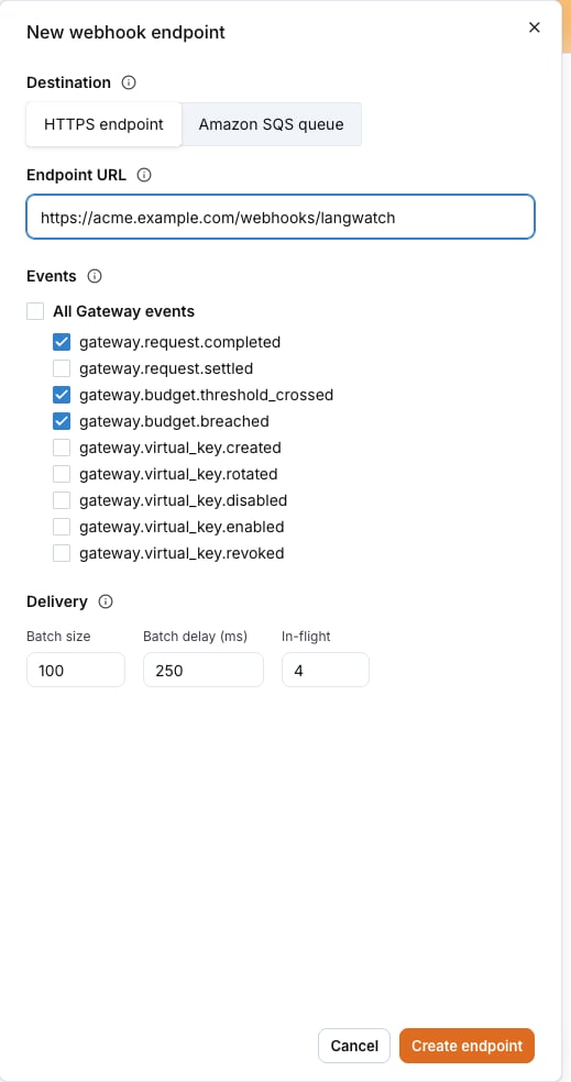 The New webhook endpoint drawer with Destination, Endpoint URL, the Events checkboxes and the Delivery fields