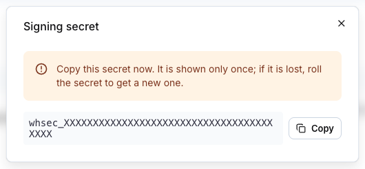 The Signing secret dialog with the whsec_ value and a Copy button