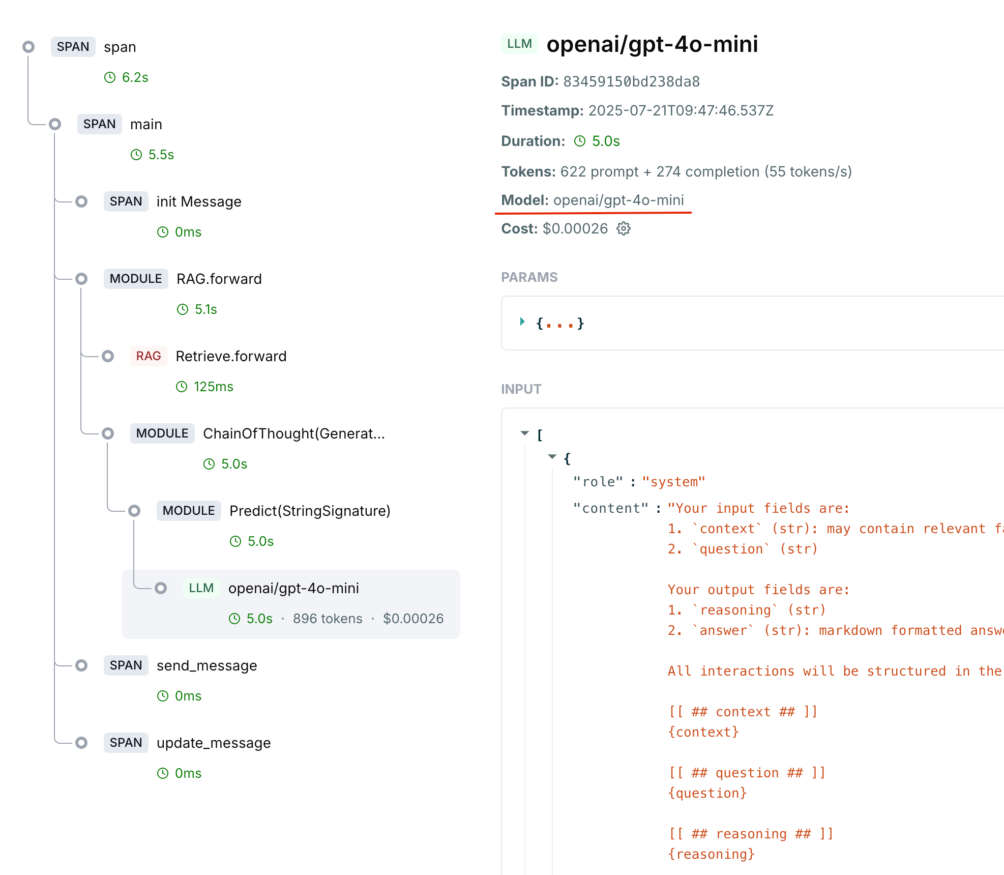 LLM span showing model, input/output, and token metrics