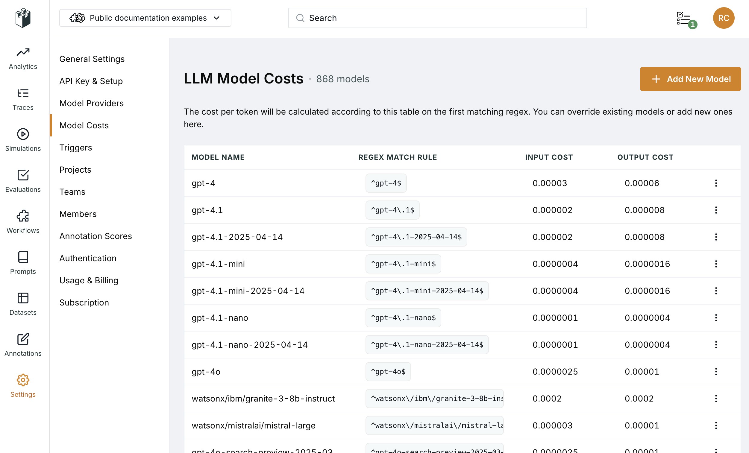 Model Costs settings page showing cost configuration