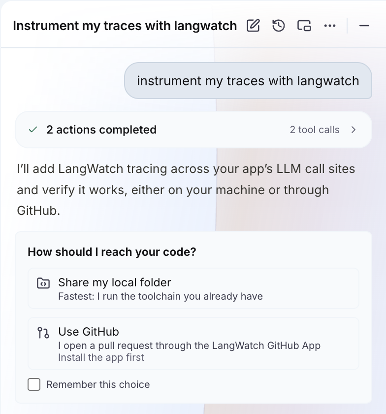 The code access card in the Langy chat, with the options Share my local folder and Use GitHub