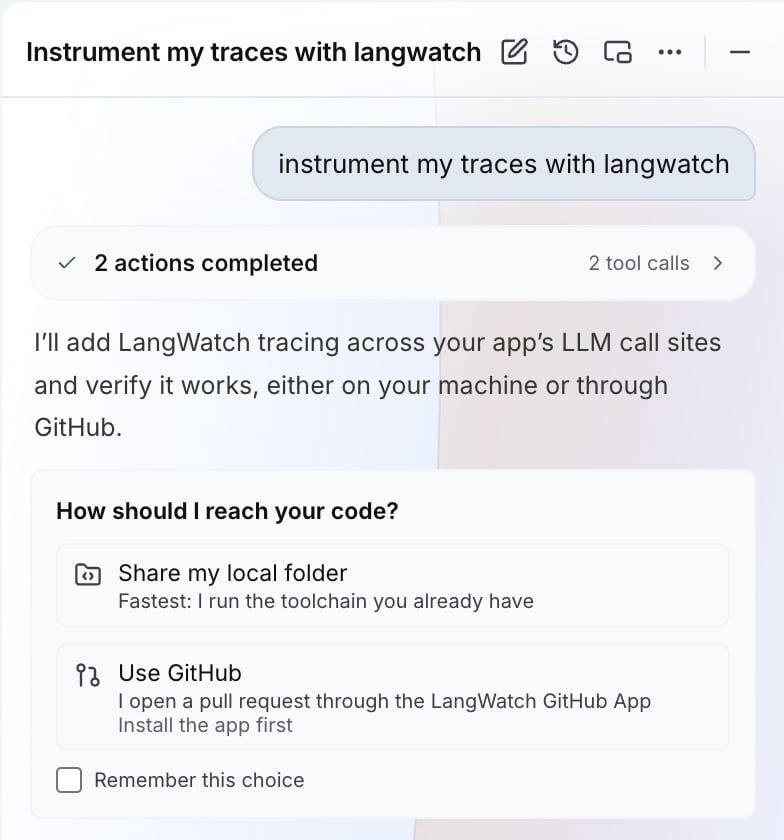 The code access card in the Langy chat, with the options Share my local folder and Use GitHub