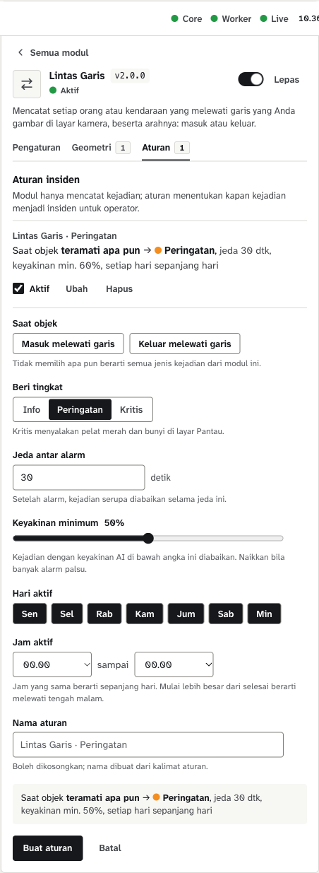 Formulir Tambah aturan dengan jenis kejadian, tingkat, jeda, keyakinan, hari, dan jam aktif