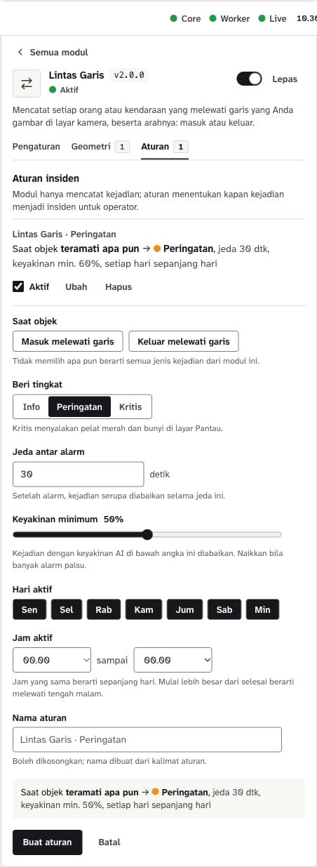 Formulir Tambah aturan dengan jenis kejadian, tingkat, jeda, keyakinan, hari, dan jam aktif