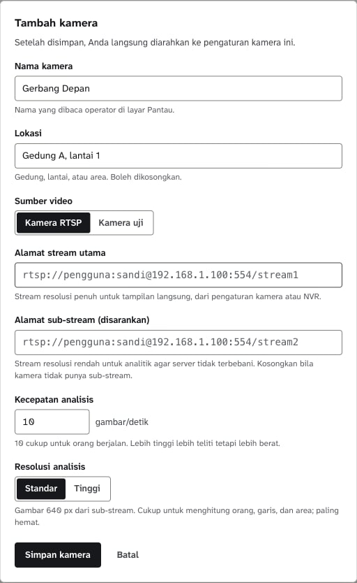 Formulir Tambah kamera dengan kolom nama, lokasi, sumber video, alamat stream, kecepatan, dan resolusi analisis