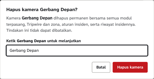 Dialog konfirmasi hapus kamera yang meminta pengguna mengetik nama kamera