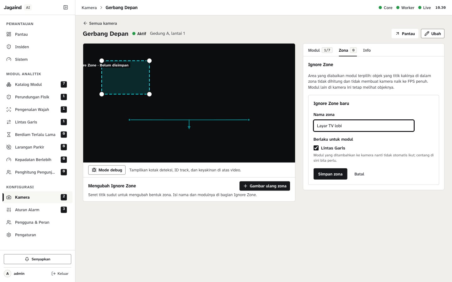 Ignore Zone baru sedang digambar di video, dengan isian Nama zona dan pilihan modul
