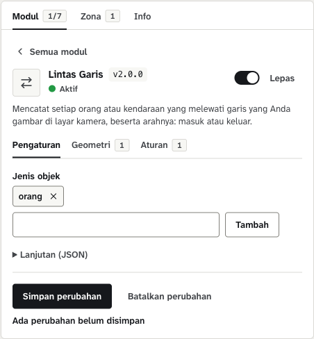 Tab Pengaturan modul Lintas Garis dengan Jenis objek orang