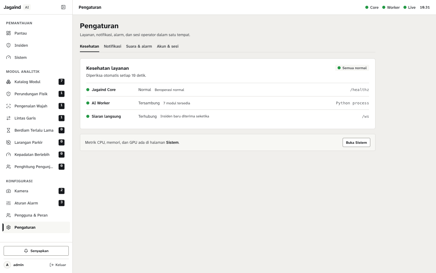 Tab Kesehatan dengan status Jagaind Core, AI Worker, dan Siaran langsung