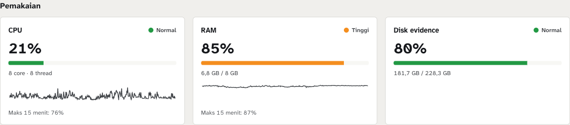 Bagian Pemakaian di halaman Sistem dengan kartu CPU, RAM, dan Disk evidence