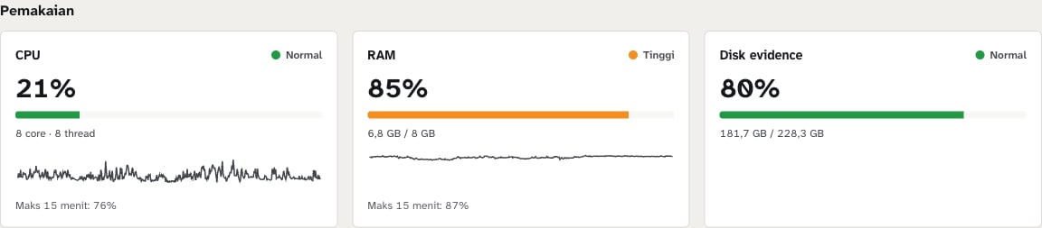Bagian Pemakaian di halaman Sistem dengan kartu CPU, RAM, dan Disk evidence