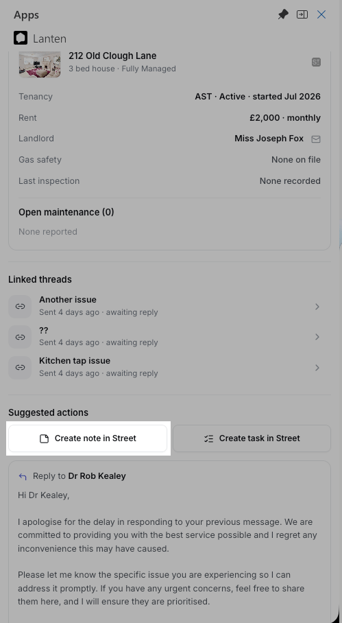 The Create note in Street and Create task in Street buttons in the Lanten panel