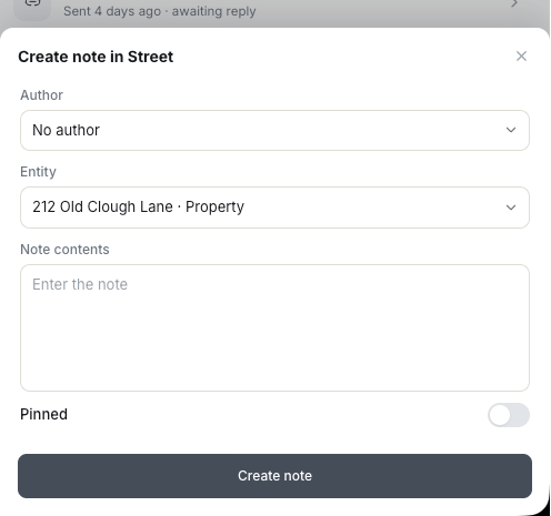 The Create note in Street form with author, entity, note contents and pinned toggle