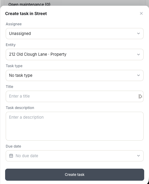 The Create task in Street form with assignee, entity, task type, title, description and due date