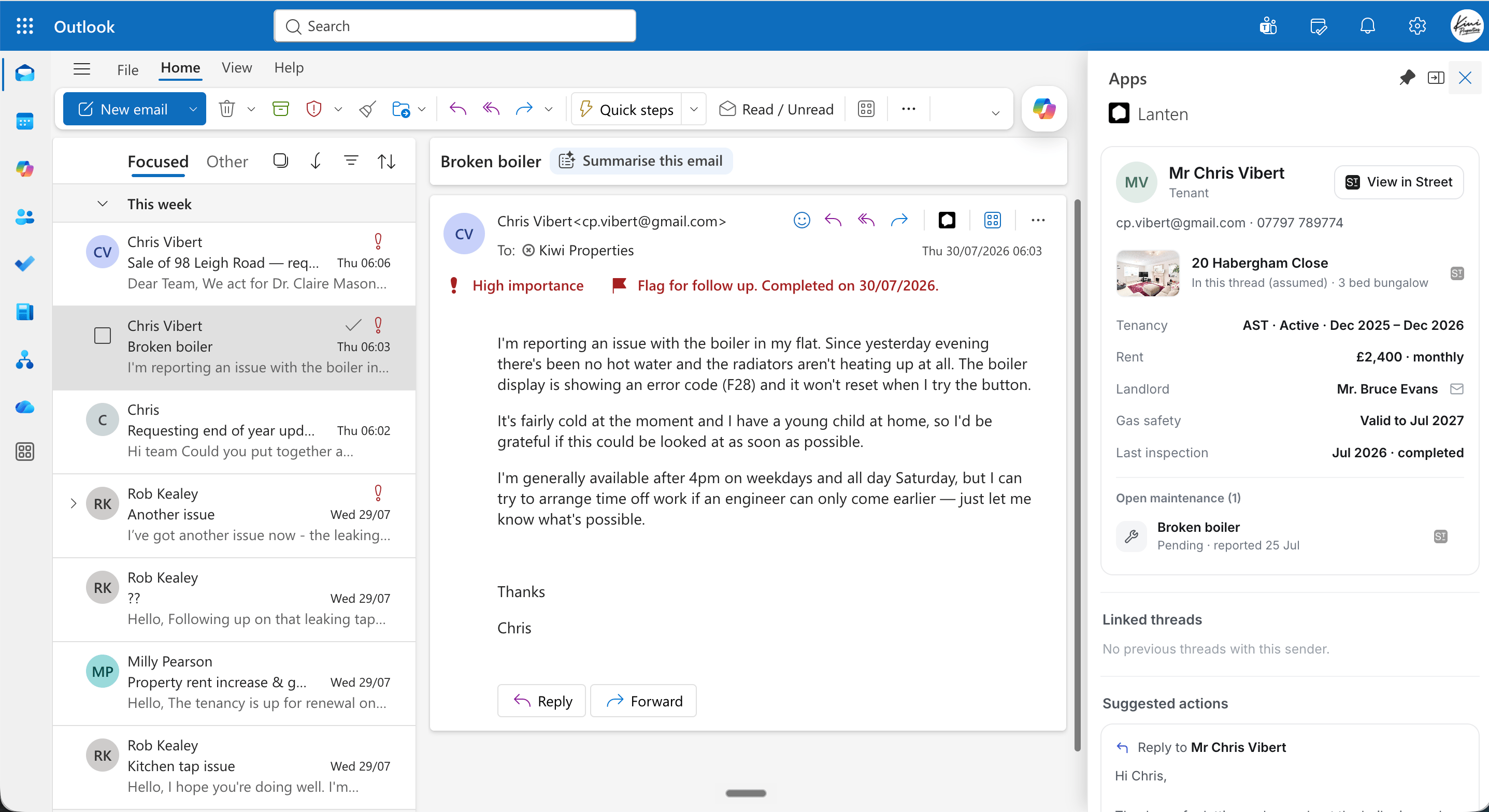 The Lanten panel beside a tenant email in Outlook, showing the tenancy record and a suggested reply