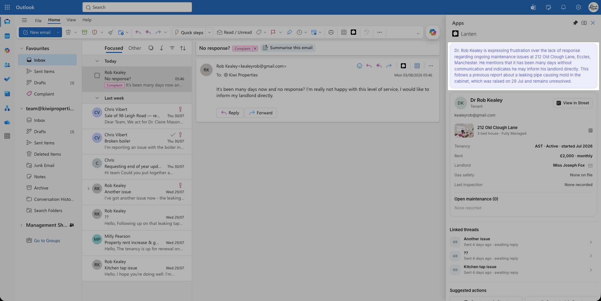 The Lanten Context box summarising a tenant's complaint with details drawn from Street records