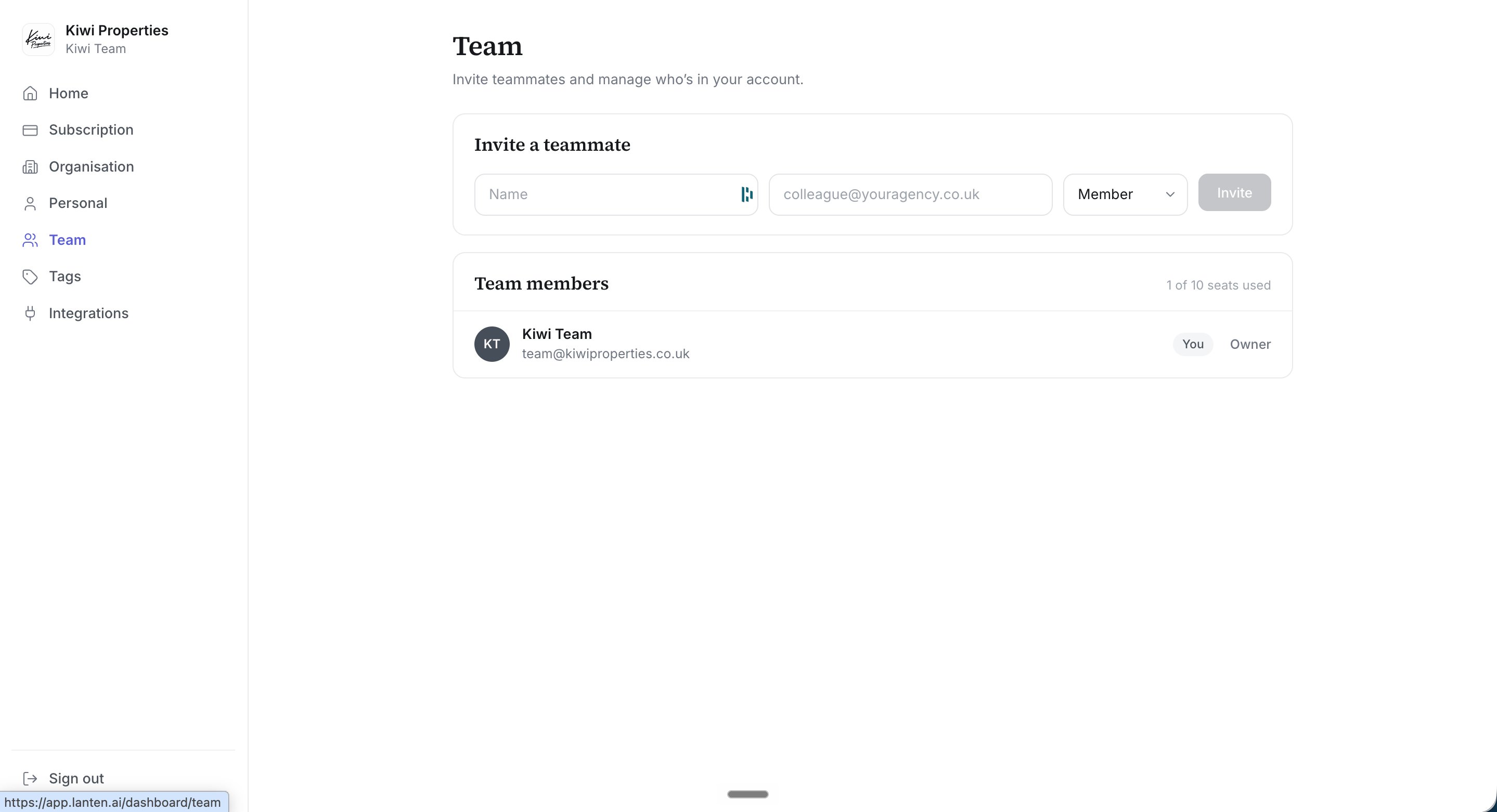 The Team page in the Lanten dashboard with the invite form and members list