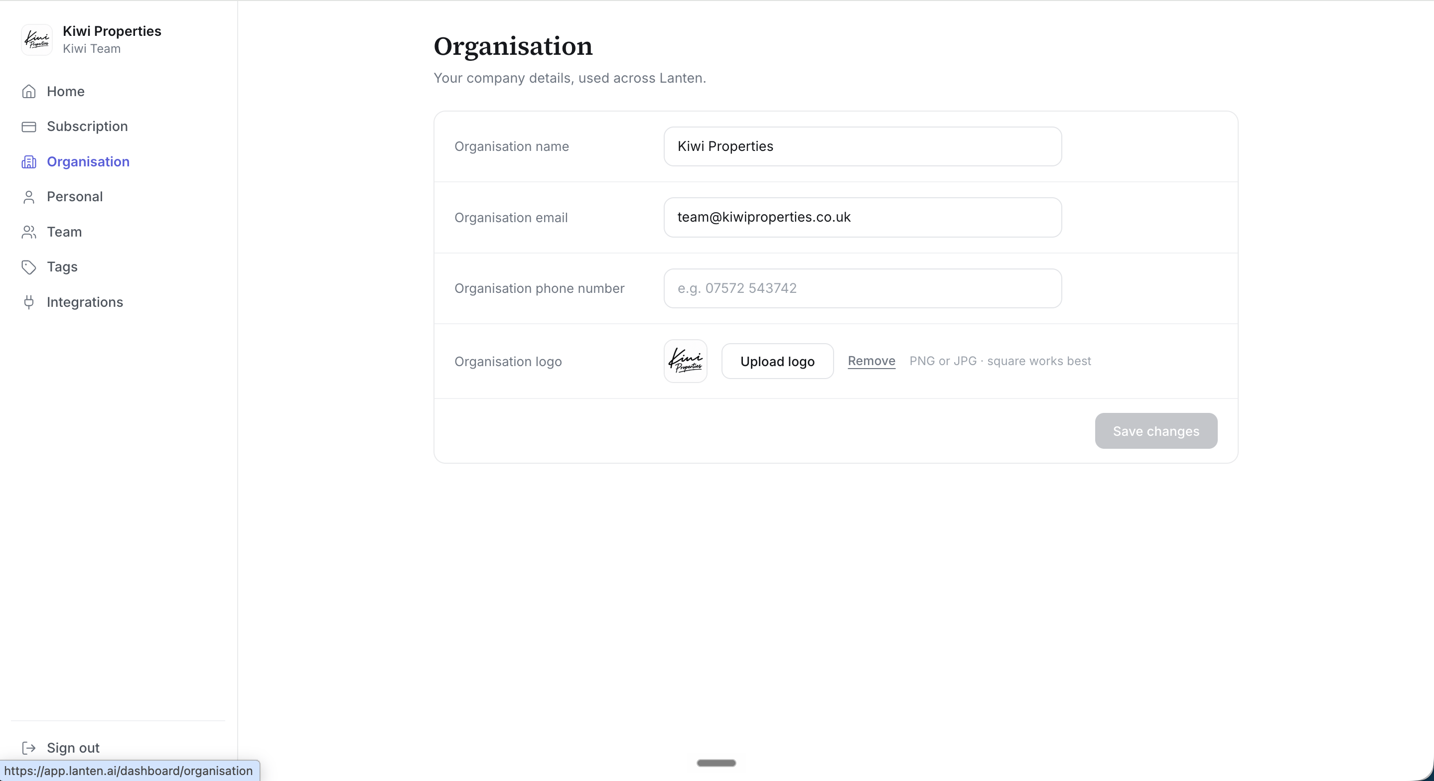The Organisation settings page