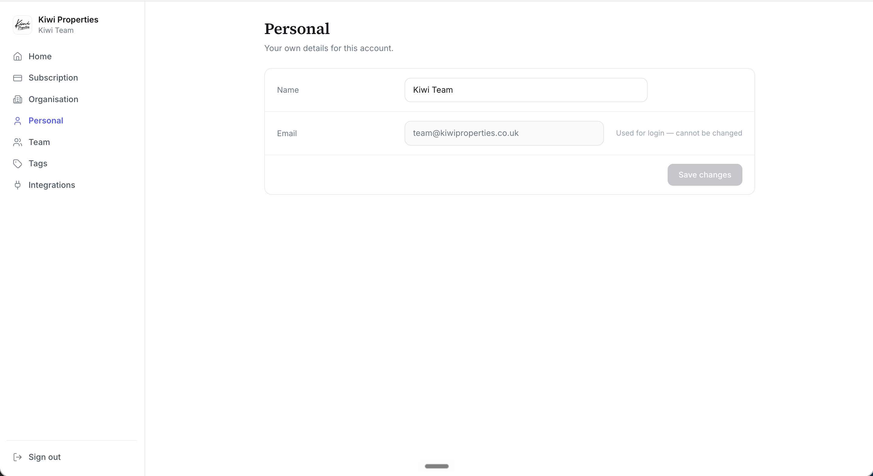 The Personal settings page