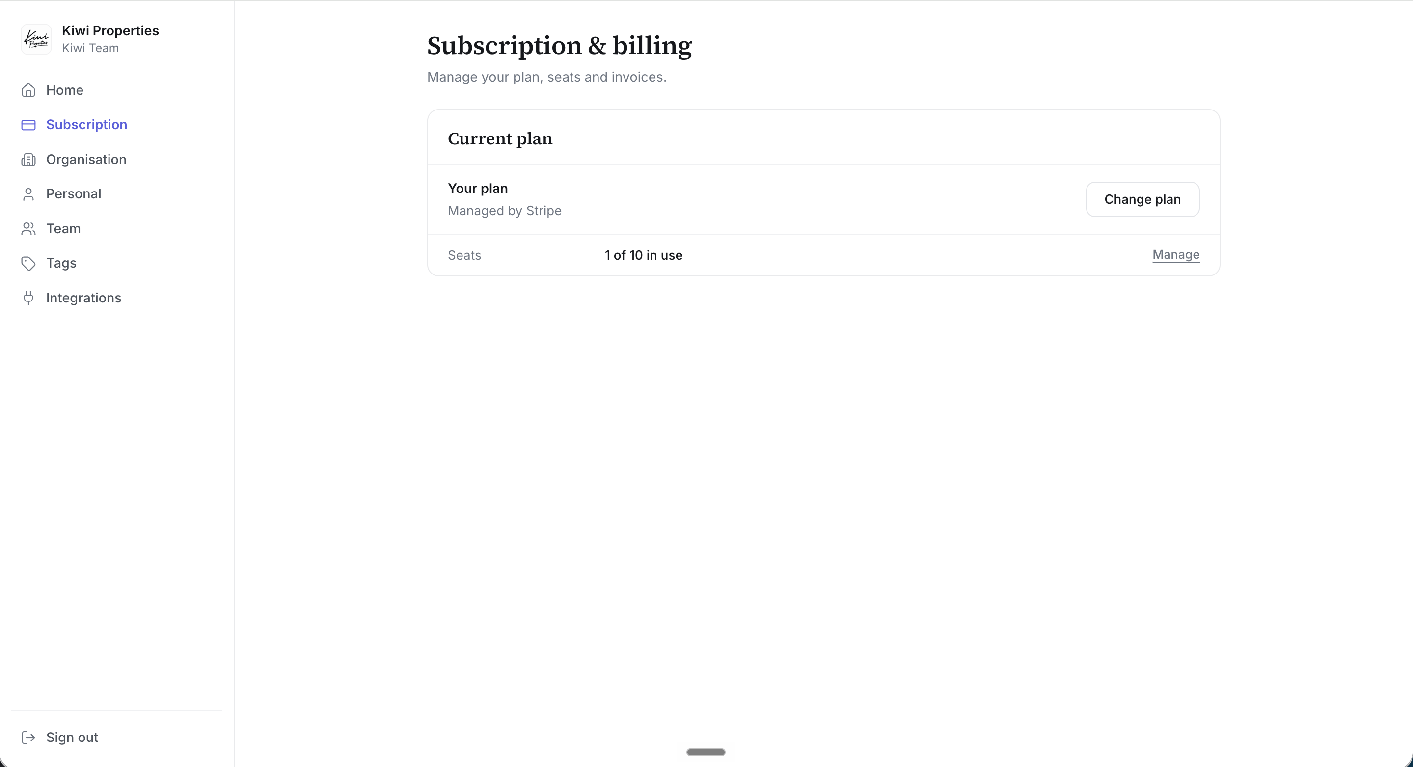 The Subscription & billing page for an active plan