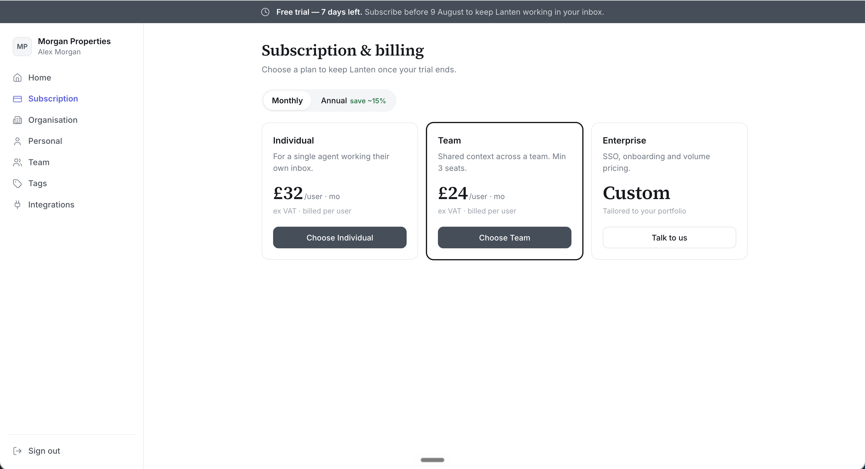 The Subscription page during a trial, showing the countdown banner and plan options