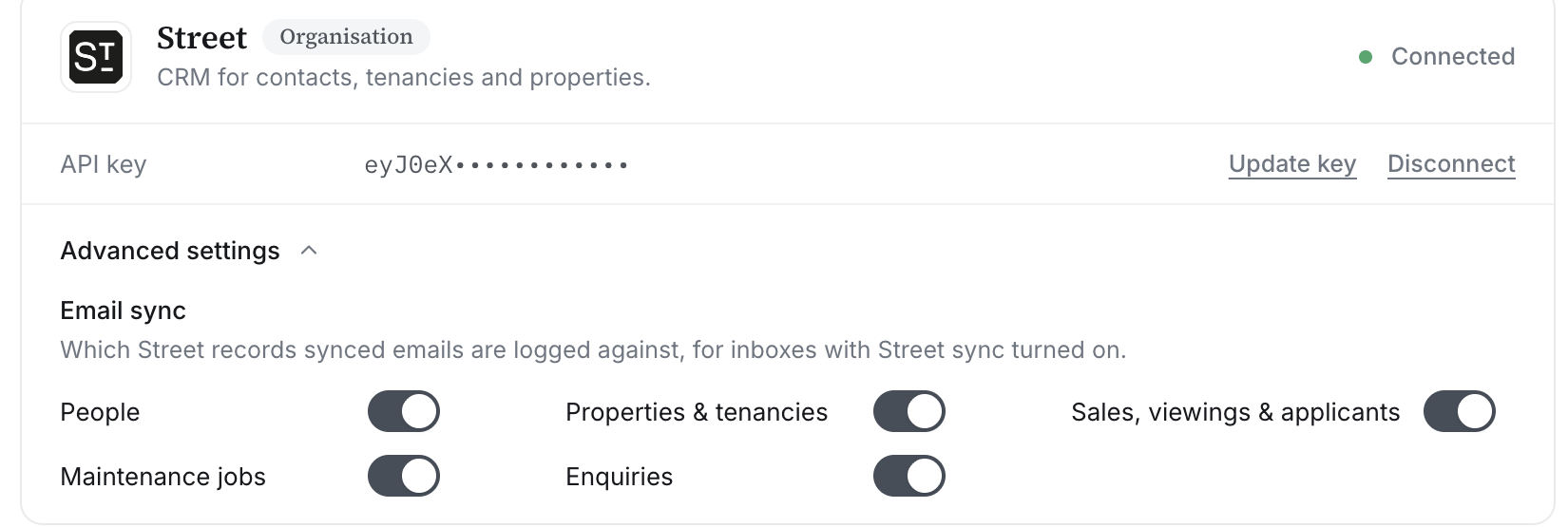 The Email sync advanced settings with toggles for People, Properties and tenancies, Sales viewings and applicants, Maintenance jobs and Enquiries