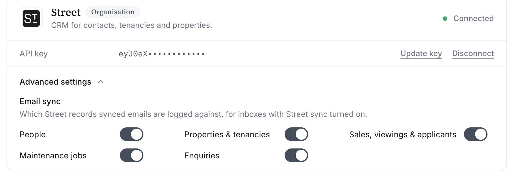 The Email sync advanced settings with toggles for People, Properties and tenancies, Sales viewings and applicants, Maintenance jobs and Enquiries