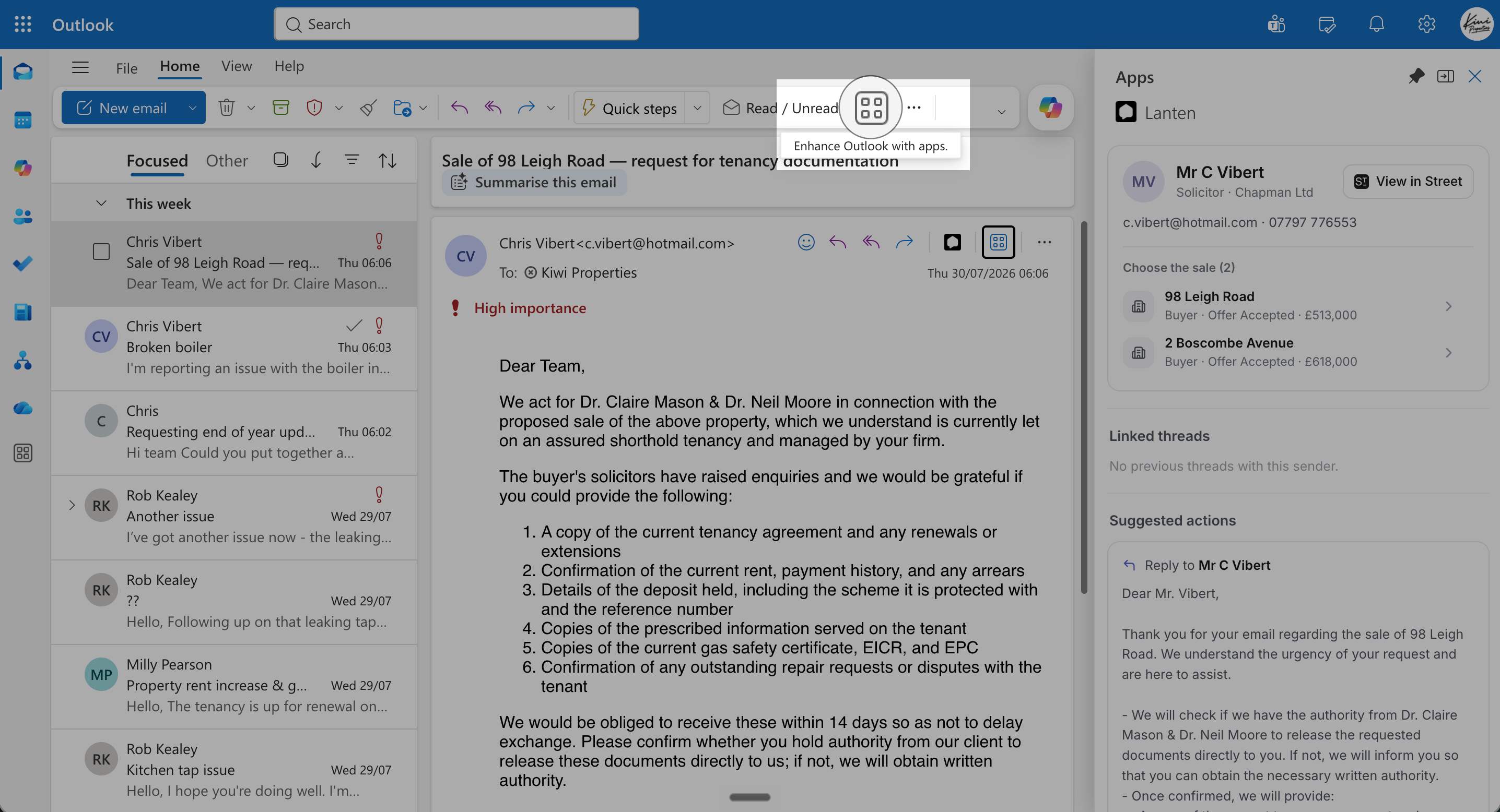 The Apps button highlighted in the Outlook toolbar