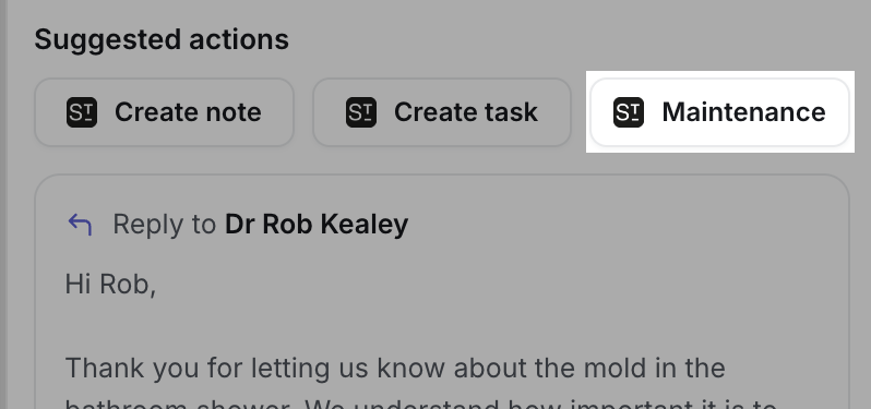 The Suggested actions row with Create note, Create task and Maintenance buttons