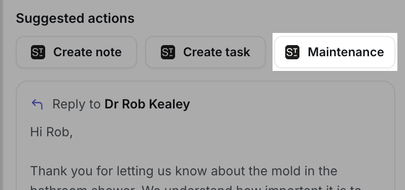 The Suggested actions row with Create note, Create task and Maintenance buttons