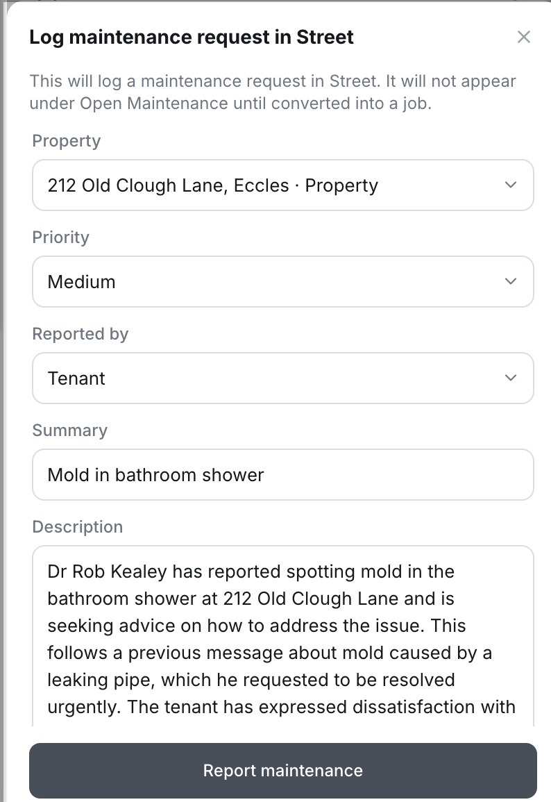 The Log maintenance request in Street form, pre-filled with property, priority, reporter, summary and description