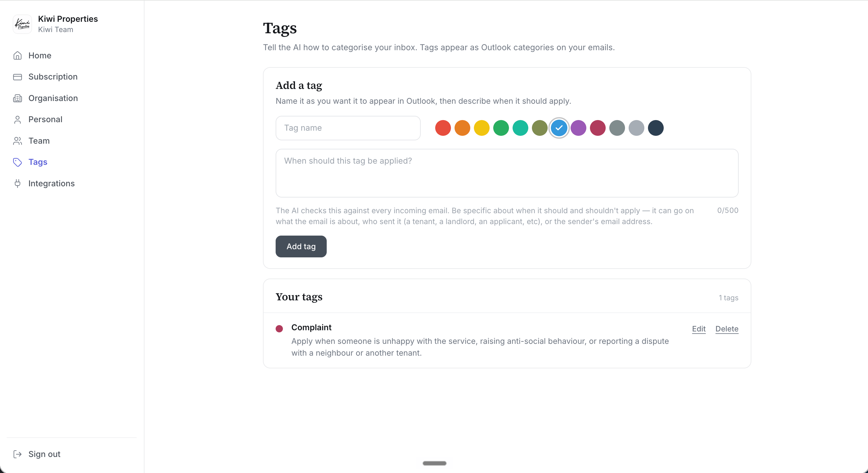 The Tags page in the Lanten dashboard with the Add a tag form