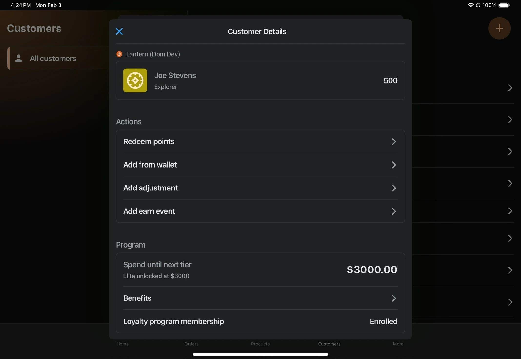 Customer actions modal