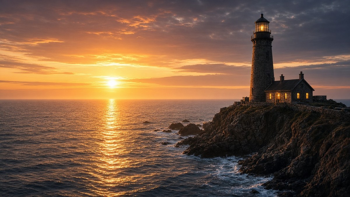 Lighthouse on a rocky coast at sunrise with sunlight reflecting on the sea, generated by Grok Imagine Image 2.0 at 1K low