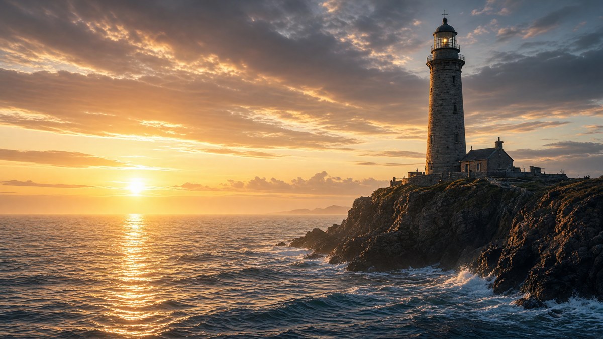 Lighthouse on a rocky coast at sunrise with detailed clouds and waves, generated by Grok Imagine Image 2.0 at 2K medium