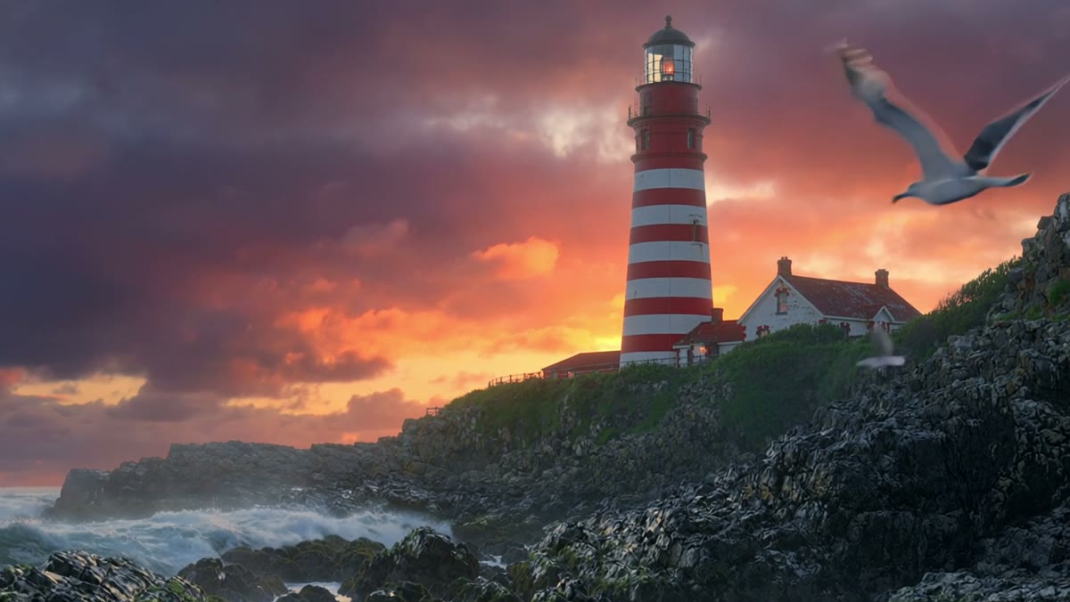 Muse text-to-video sample: a lighthouse on a rocky coast at dawn with waves breaking on the rocks