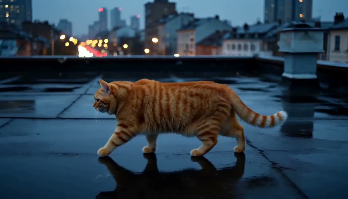 MiniMax H3 text-to-video sample: an orange cat walking across a wet rooftop at dusk with city lights behind it