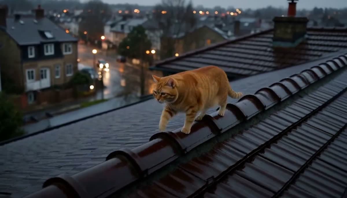MiniMax H3 文生视频示例输出:黄昏雨后屋顶上的橘猫,远处城市灯光