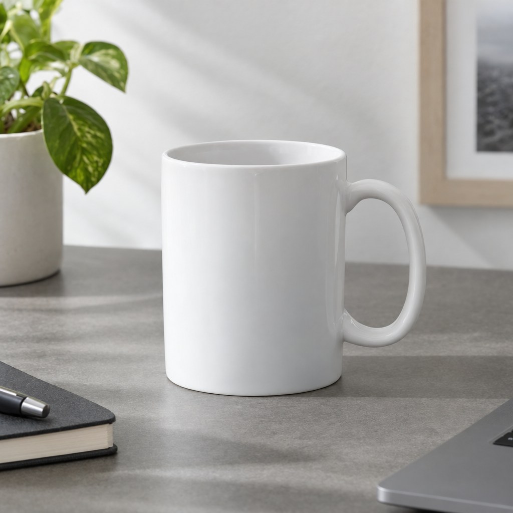 White ceramic mug on a gray desk beside a plant and a notebook, generated by GPT Image 2.5 Flare VIP at max quality