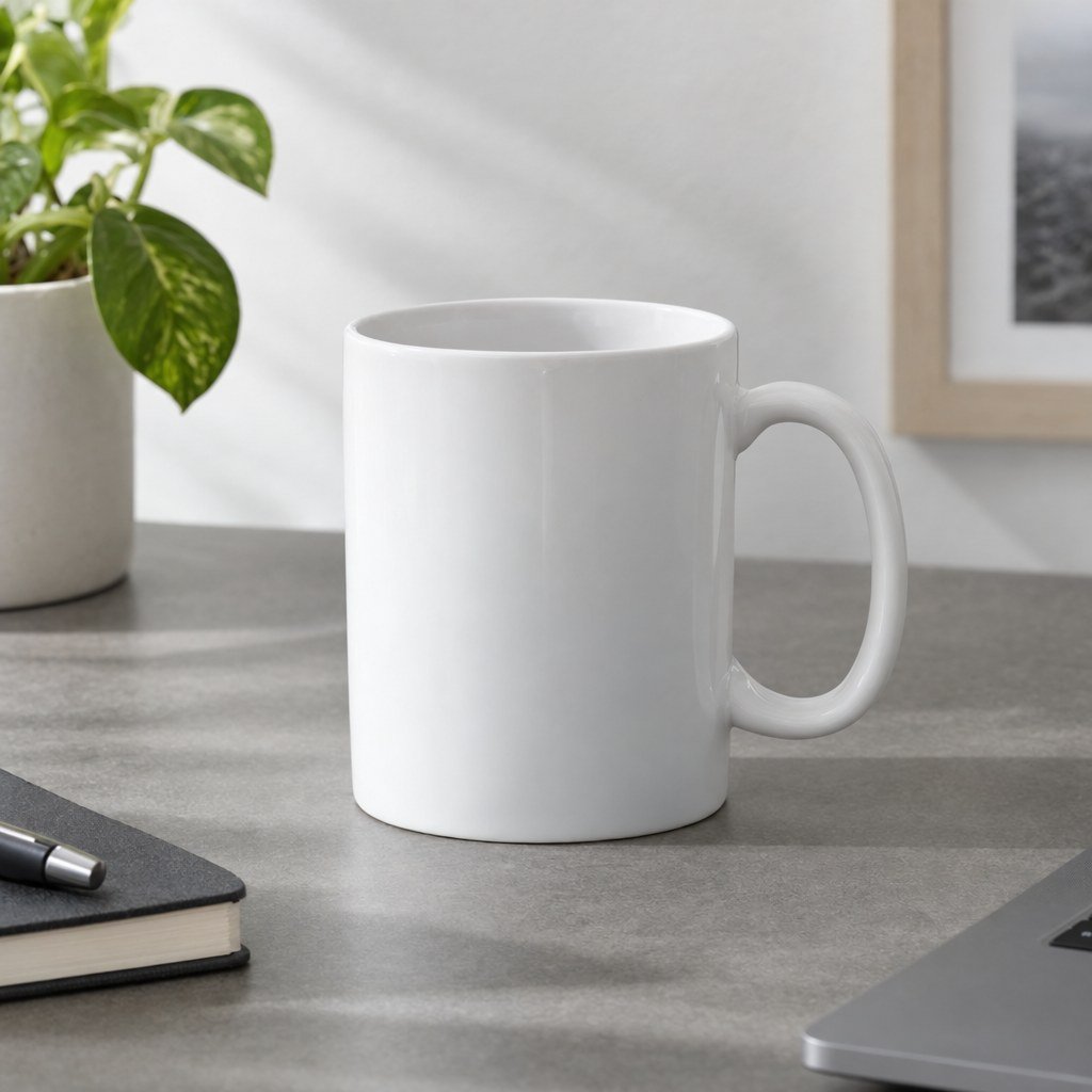 White ceramic mug on a gray desk beside a plant and a notebook, generated by GPT Image 2.5 Flare VIP at max quality