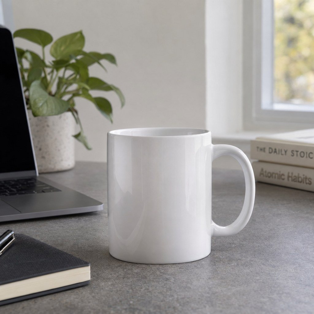 White ceramic mug on a gray desk by a window with a laptop and books, generated by GPT Image 2.5 Sunburst VIP at max quality